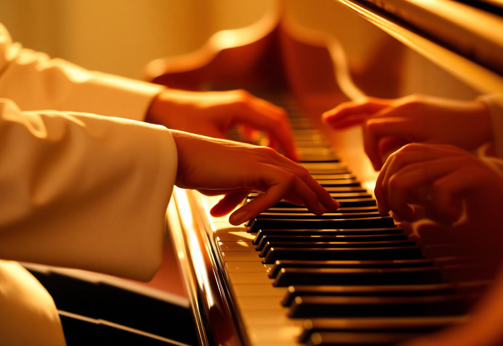 Hands at the piano in warm lamplight